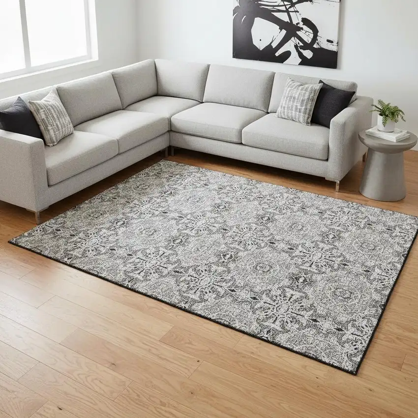 Gray And Silver Medallion Washable Area Rug With UV Protection Photo 2
