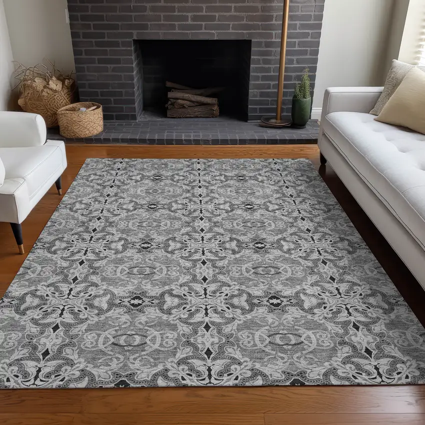 Gray And Silver Medallion Washable Area Rug With UV Protection Photo 5