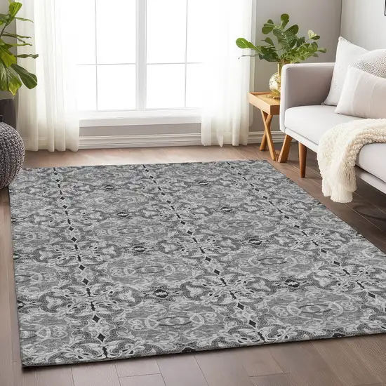 Gray And Silver Medallion Washable Area Rug With UV Protection Photo 6