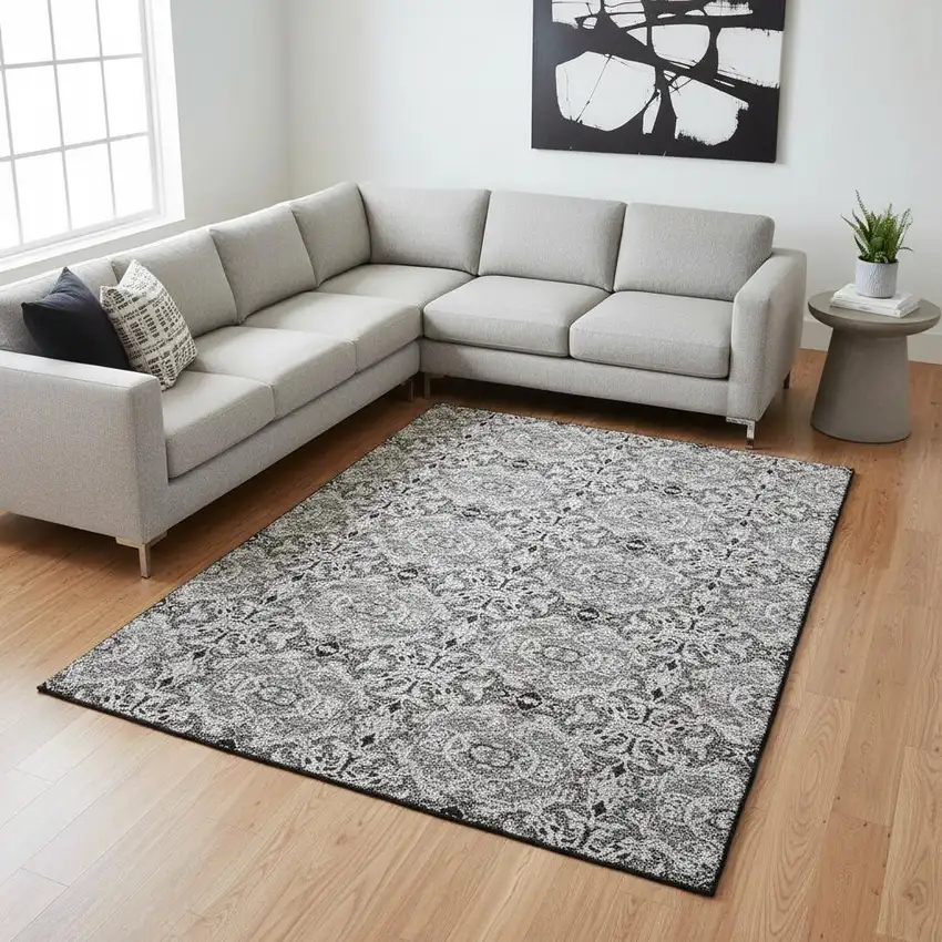 Gray And Silver Medallion Washable Area Rug With UV Protection Photo 2