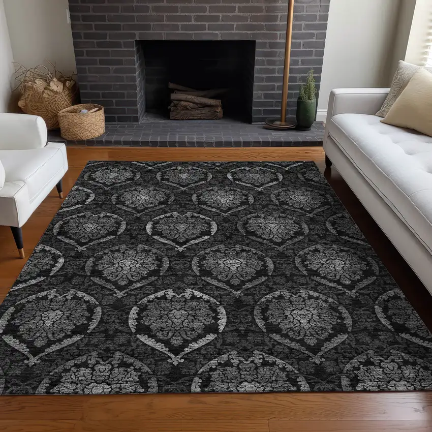 Gray And Silver Medallion Washable Area Rug With UV Protection Photo 4