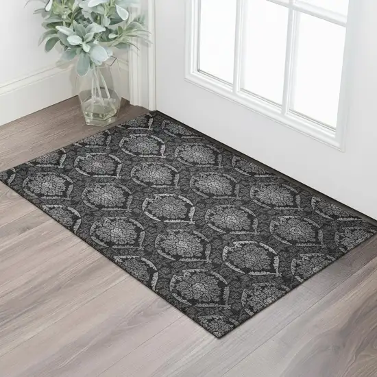 Gray And Silver Medallion Washable Area Rug With UV Protection Photo 1