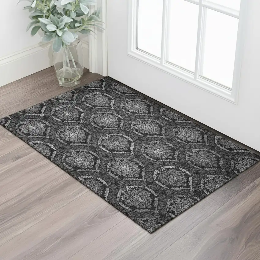 Gray And Silver Medallion Washable Area Rug With UV Protection Photo 1