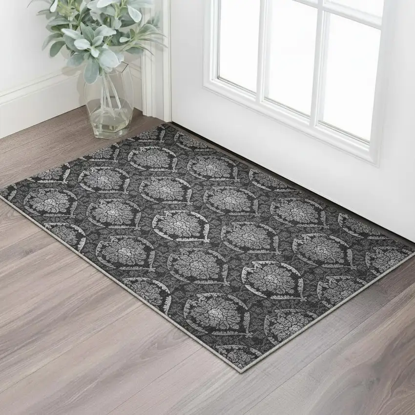 Gray And Silver Medallion Washable Area Rug With UV Protection Photo 2