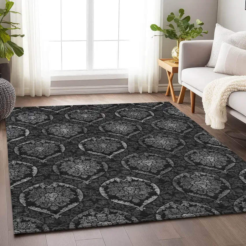 Gray And Silver Medallion Washable Area Rug With UV Protection Photo 6