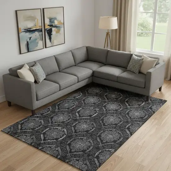 Gray And Silver Medallion Washable Area Rug With UV Protection Photo 1