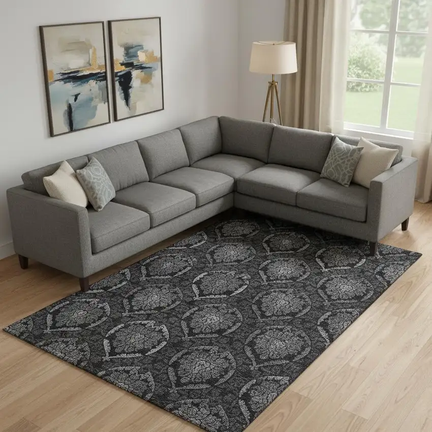 Gray And Silver Medallion Washable Area Rug With UV Protection Photo 1