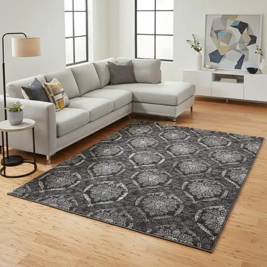 Gray And Silver Medallion Washable Area Rug With UV Protection Photo 2