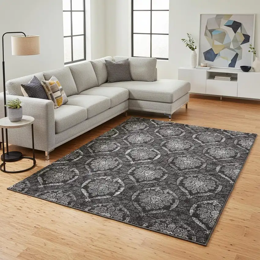 Gray And Silver Medallion Washable Area Rug With UV Protection Photo 2