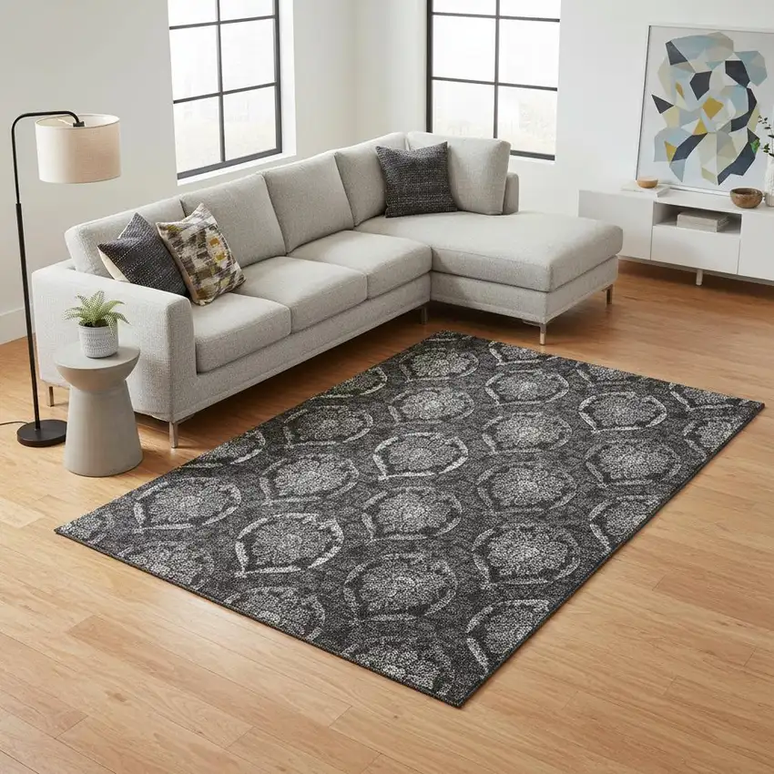Gray And Silver Medallion Washable Area Rug With UV Protection Photo 2