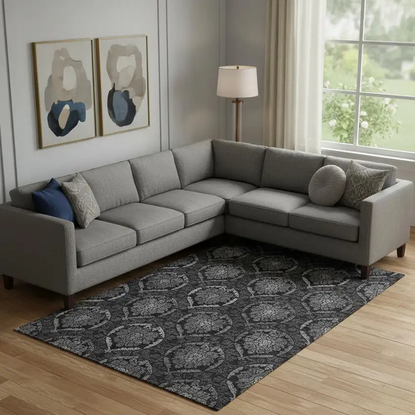 Gray And Silver Medallion Washable Area Rug With UV Protection Photo 1