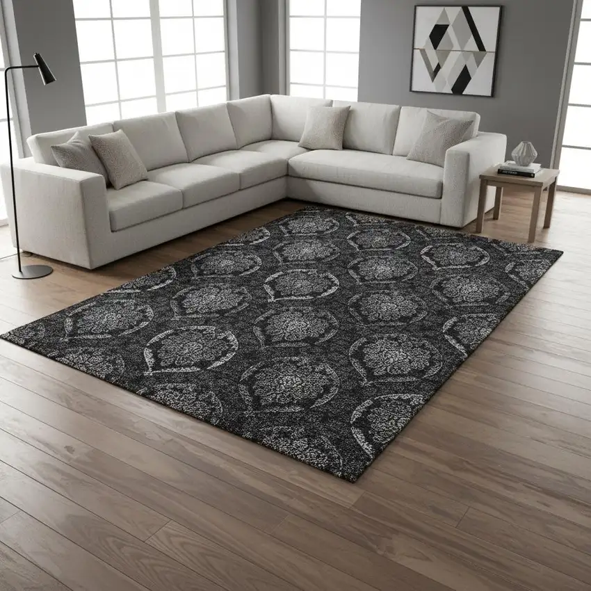 Gray And Silver Medallion Washable Area Rug With UV Protection Photo 2
