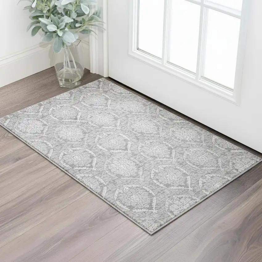 Gray And Silver Medallion Washable Area Rug With UV Protection Photo 2