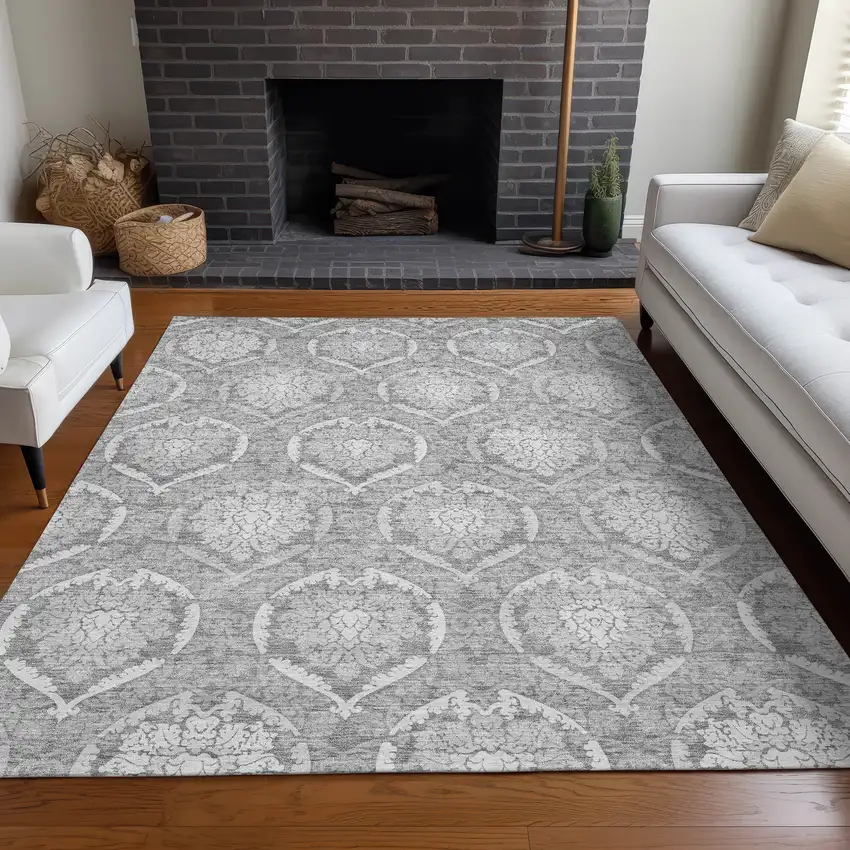 Gray And Silver Medallion Washable Area Rug With UV Protection Photo 4