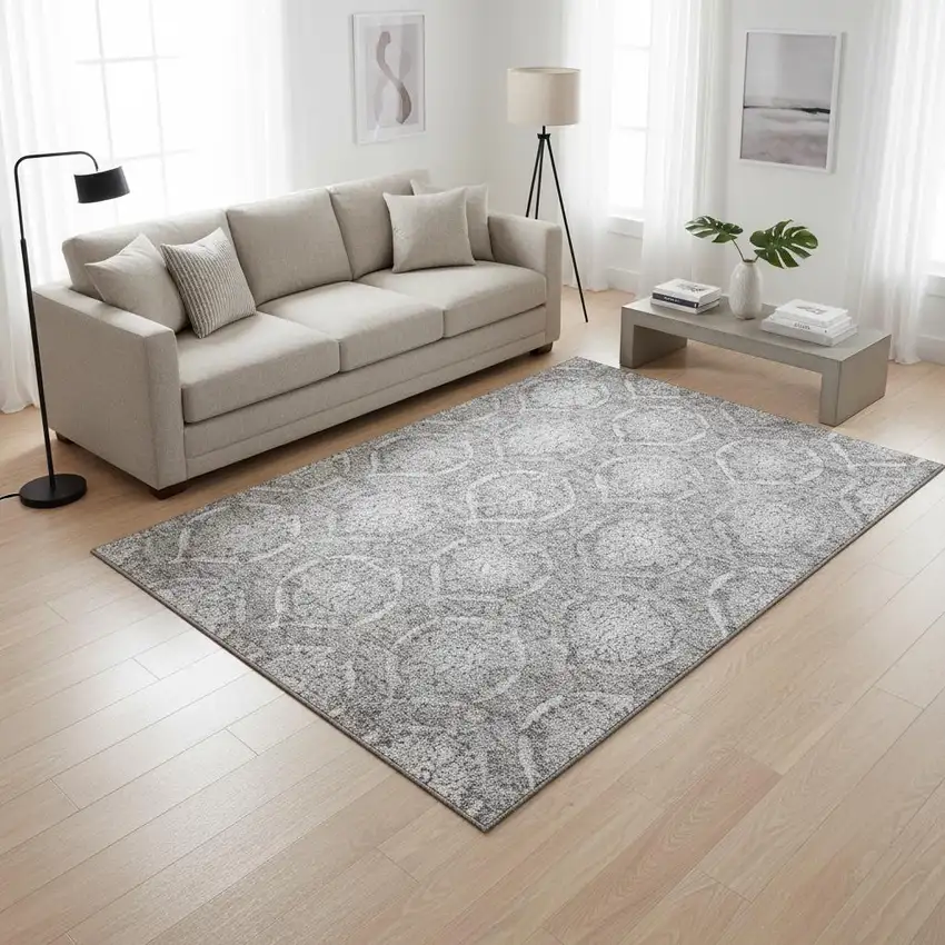 Gray And Silver Medallion Washable Area Rug With UV Protection Photo 2