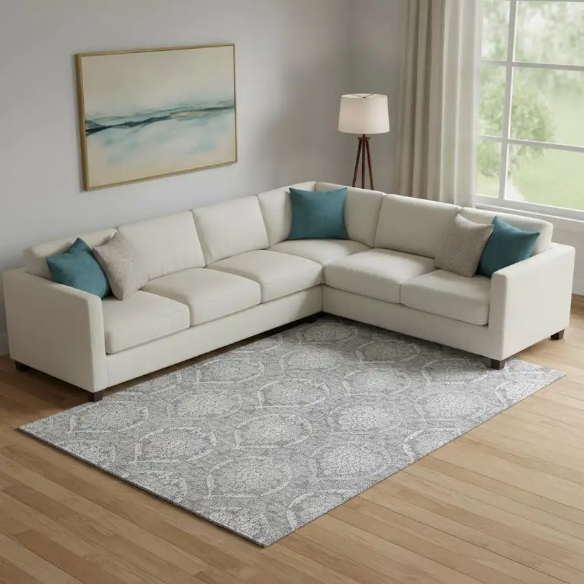 Gray And Silver Medallion Washable Area Rug With UV Protection Photo 1