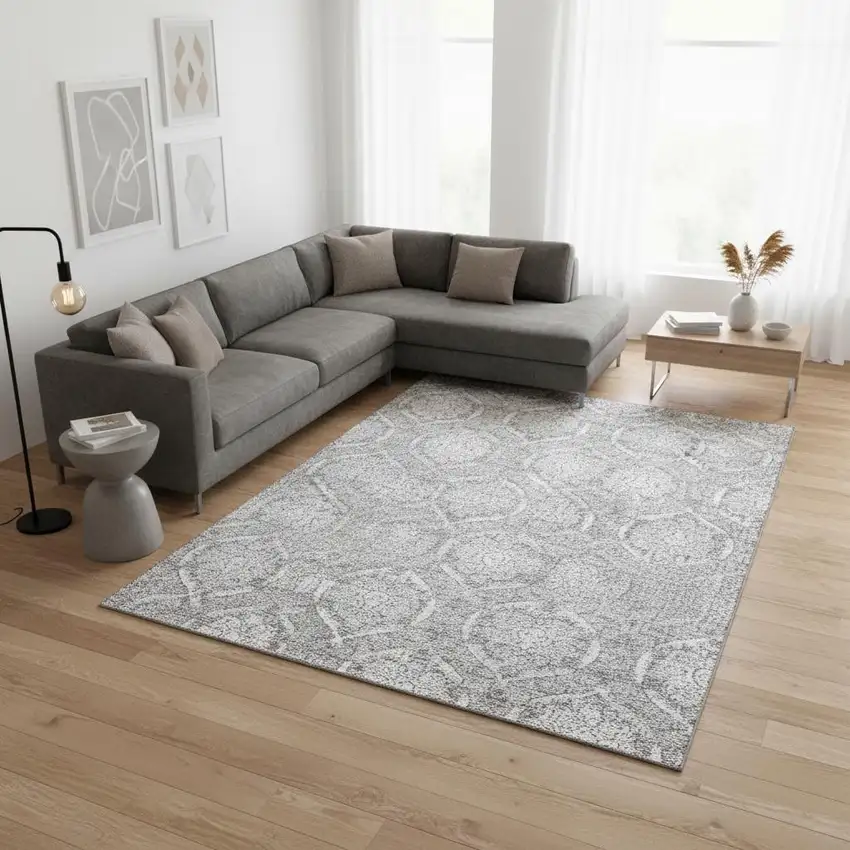 Gray And Silver Medallion Washable Area Rug With UV Protection Photo 2