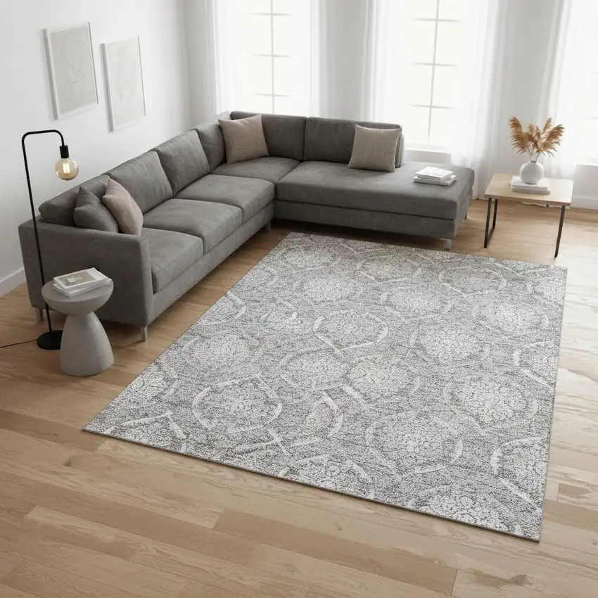 Gray And Silver Medallion Washable Area Rug With UV Protection Photo 2