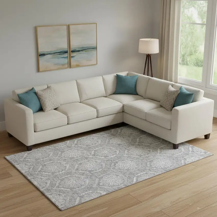 Gray And Silver Medallion Washable Area Rug With UV Protection Photo 1