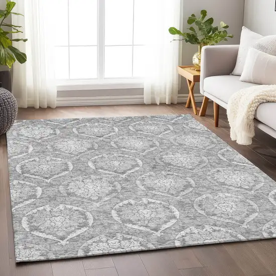 Gray And Silver Medallion Washable Area Rug With UV Protection Photo 6