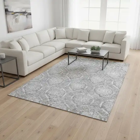 Gray And Silver Medallion Washable Area Rug With UV Protection Photo 2