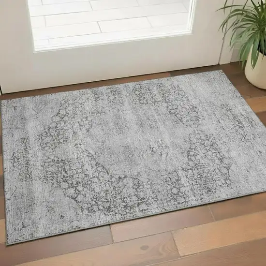 Gray And Silver Medallion Washable Area Rug With UV Protection Photo 2
