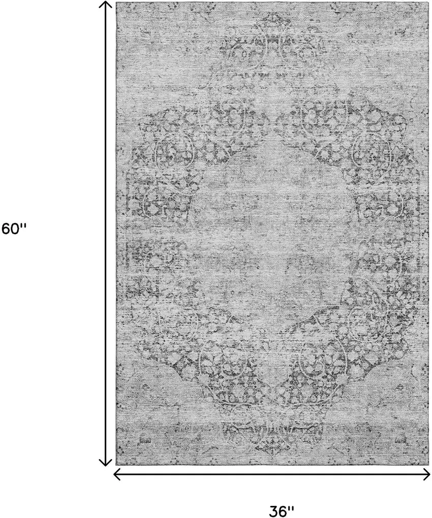 Gray And Silver Medallion Washable Area Rug With UV Protection Photo 9