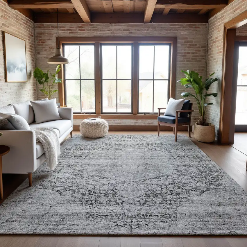 Gray And Silver Medallion Washable Area Rug With UV Protection Photo 3