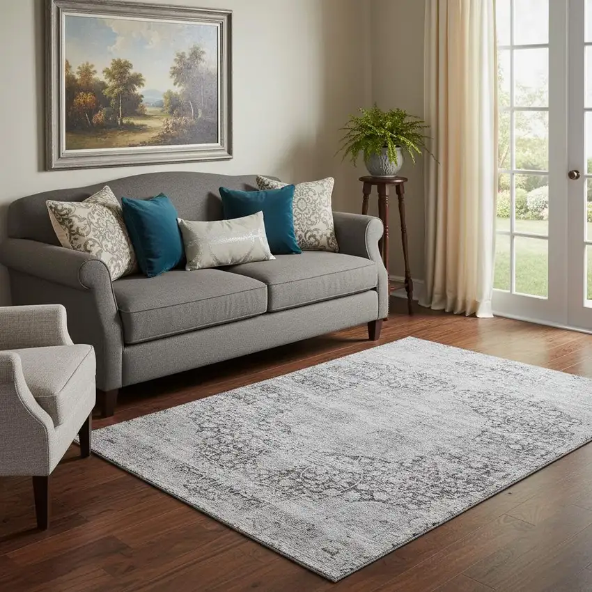 Gray And Silver Medallion Washable Area Rug With UV Protection Photo 2