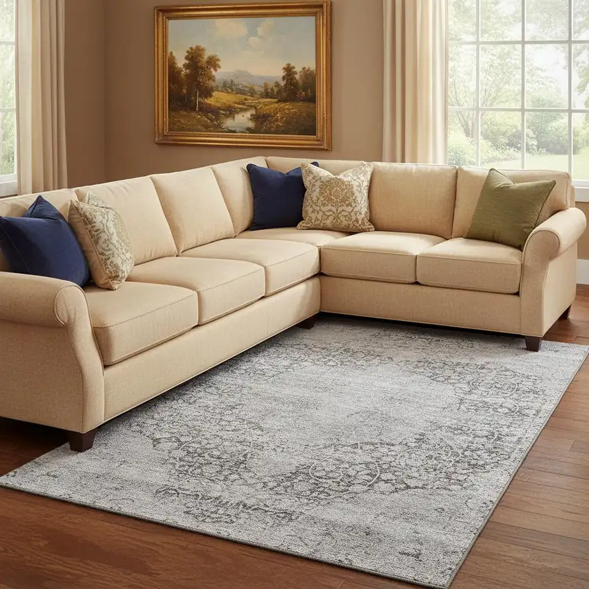 Gray And Silver Medallion Washable Area Rug With UV Protection Photo 2