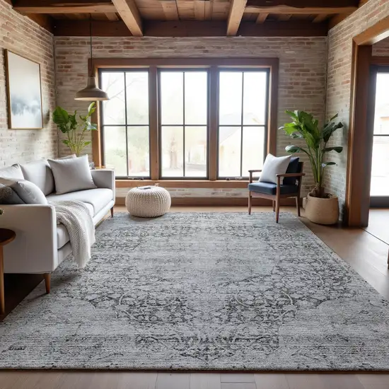 Gray And Silver Medallion Washable Area Rug With UV Protection Photo 4