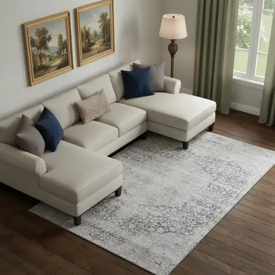 Gray And Silver Medallion Washable Area Rug With UV Protection Photo 2