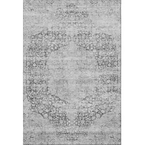 Photo of Gray And Silver Medallion Washable Area Rug With UV Protection