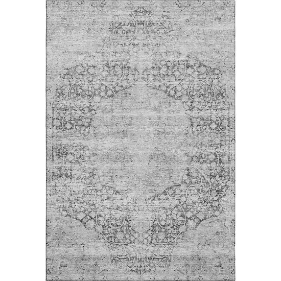 Gray And Silver Medallion Washable Area Rug With UV Protection Photo 1