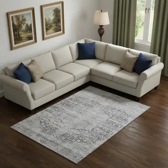 Gray And Silver Medallion Washable Area Rug With UV Protection Photo 2