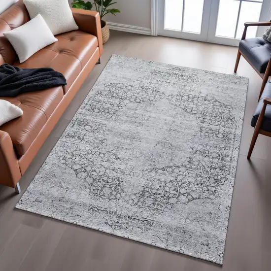Gray And Silver Medallion Washable Area Rug With UV Protection Photo 5