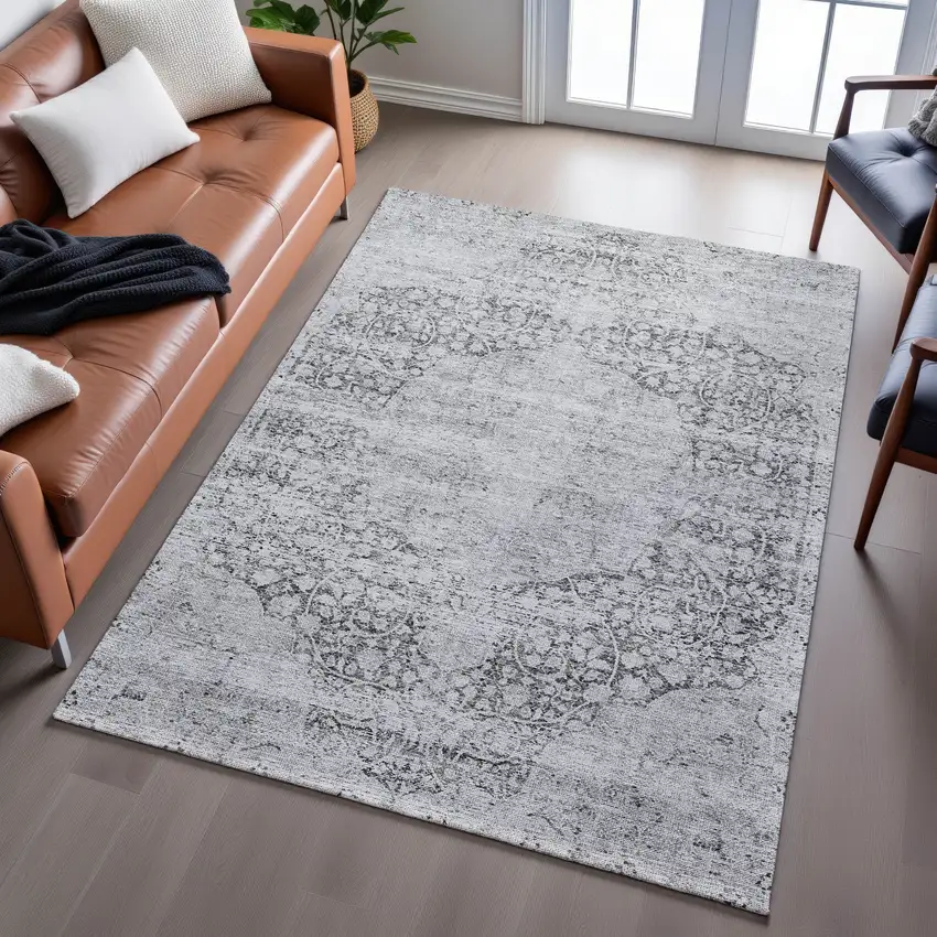 Gray And Silver Medallion Washable Area Rug With UV Protection Photo 5