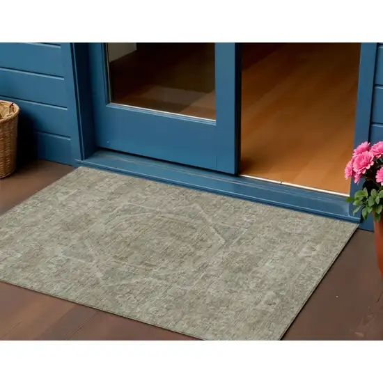 Gray And Silver Medallion Washable Indoor Outdoor Area Rug Photo 2