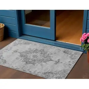 Photo of Gray And Silver Medallion Washable Indoor Outdoor Area Rug