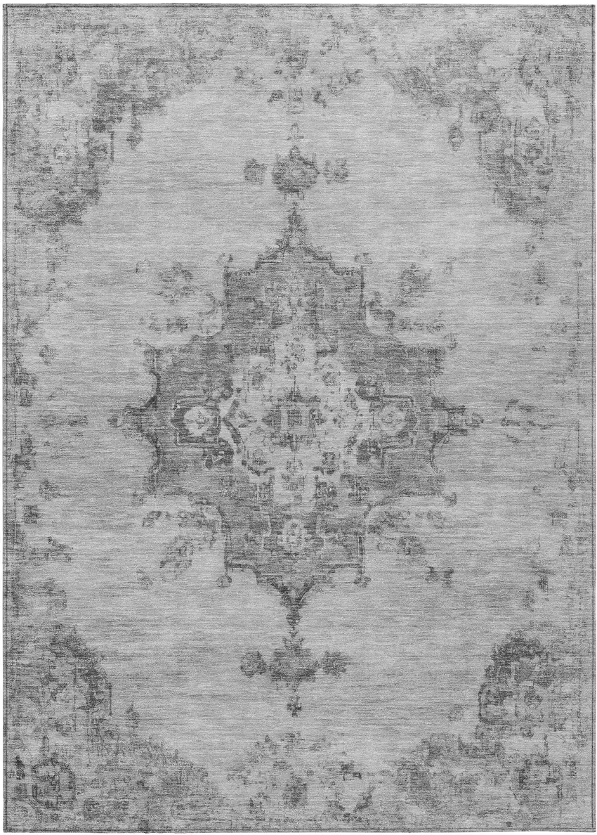 Gray And Silver Medallion Washable Indoor Outdoor Area Rug Photo 2