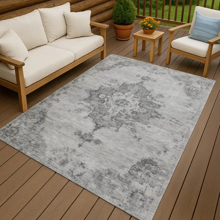 Gray And Silver Medallion Washable Indoor Outdoor Area Rug Photo 9