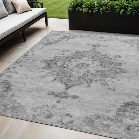 Gray And Silver Medallion Washable Indoor Outdoor Area Rug Photo 1