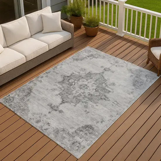 Gray And Silver Medallion Washable Indoor Outdoor Area Rug Photo 6
