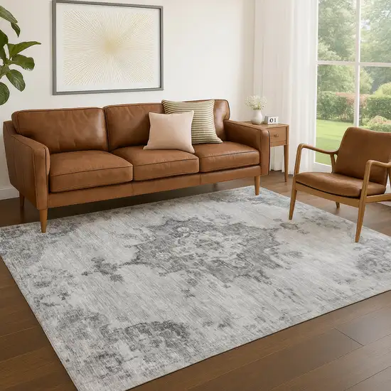 Gray And Silver Medallion Washable Indoor Outdoor Area Rug Photo 7