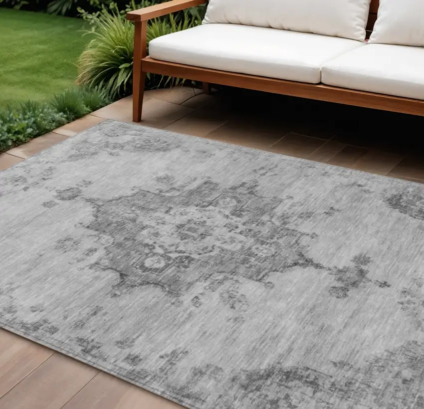 Gray And Silver Medallion Washable Indoor Outdoor Area Rug Photo 1