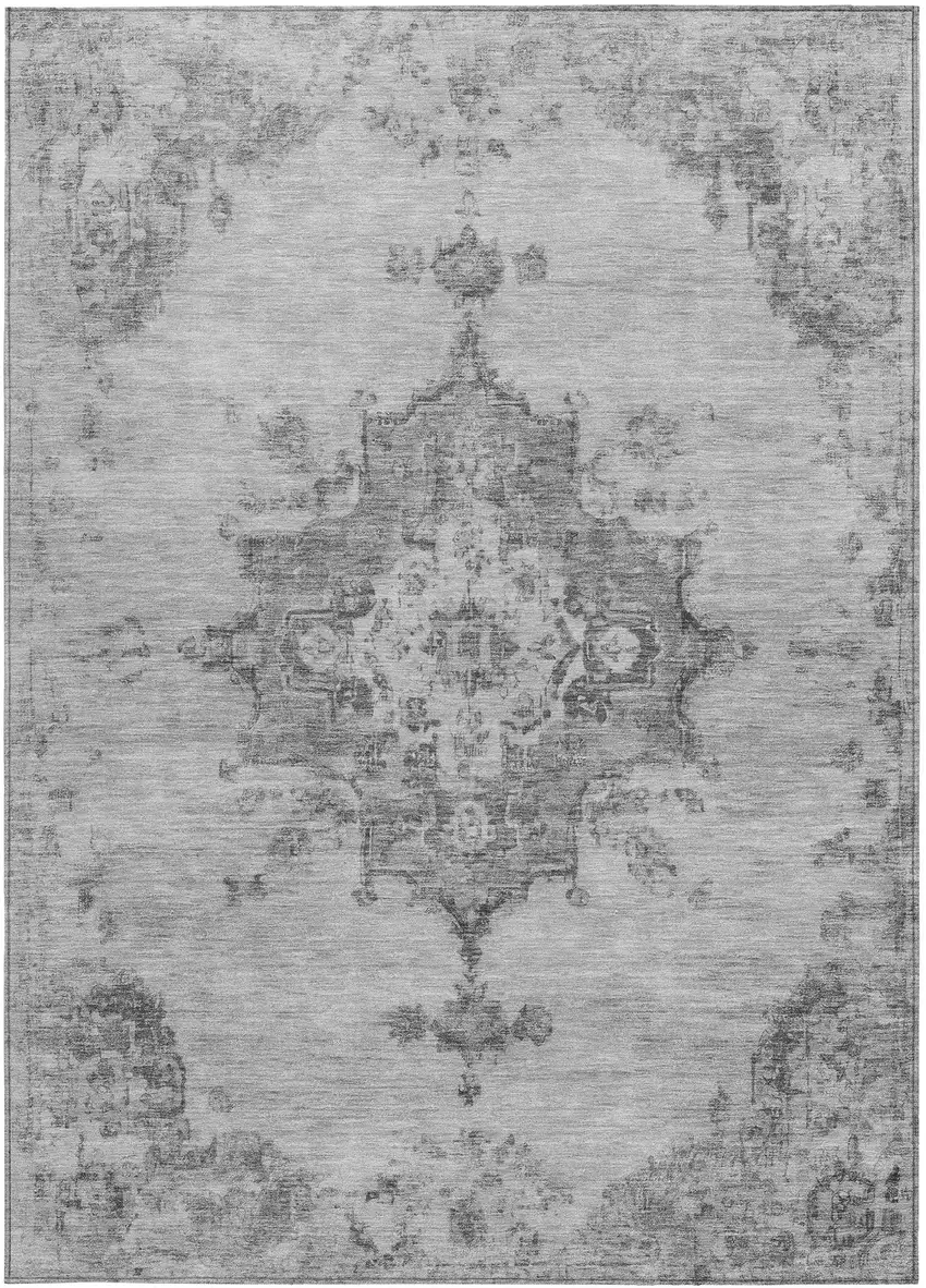 Gray And Silver Medallion Washable Indoor Outdoor Area Rug Photo 4