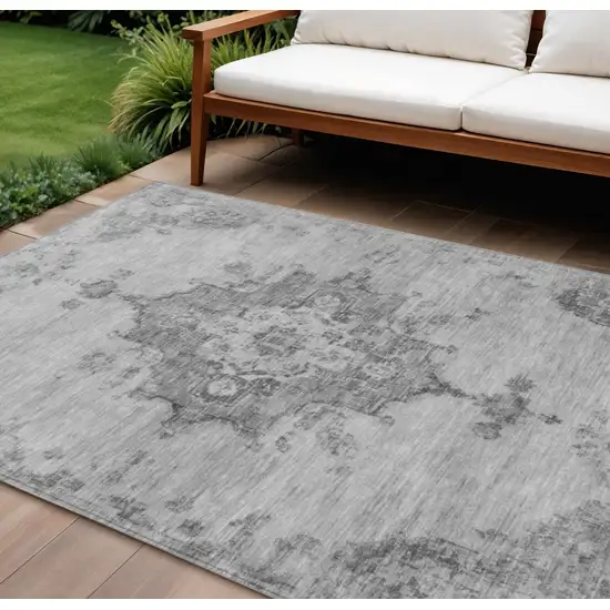 Gray And Silver Medallion Washable Indoor Outdoor Area Rug Photo 1