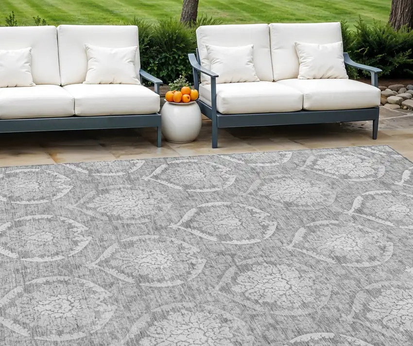 Gray And Silver Medallion Washable Indoor Outdoor Area Rug Photo 1