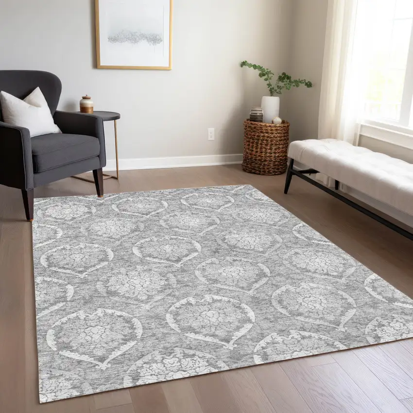 Gray And Silver Medallion Washable Indoor Outdoor Area Rug Photo 9