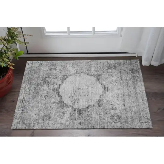 Gray And Silver Oriental Washable Area Rug With UV Protection Photo 2
